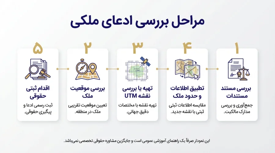 ثبت ادعای ملکی در فرض نداشتن تصرف: تهیه نقشه UTM، تأمین دلیل و دستور موقت طبق ماده ۱۰ قانون الزام 4 مراحل بررسی ادعای مالکیت